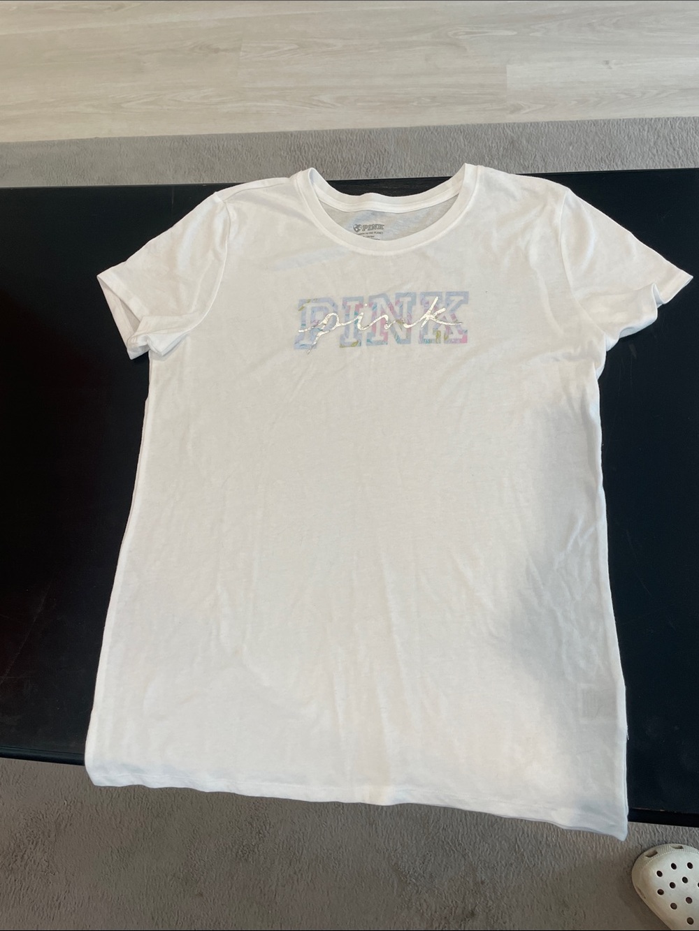 PINK Victoria's Secret White Tee with Pastel Multicolor Logo